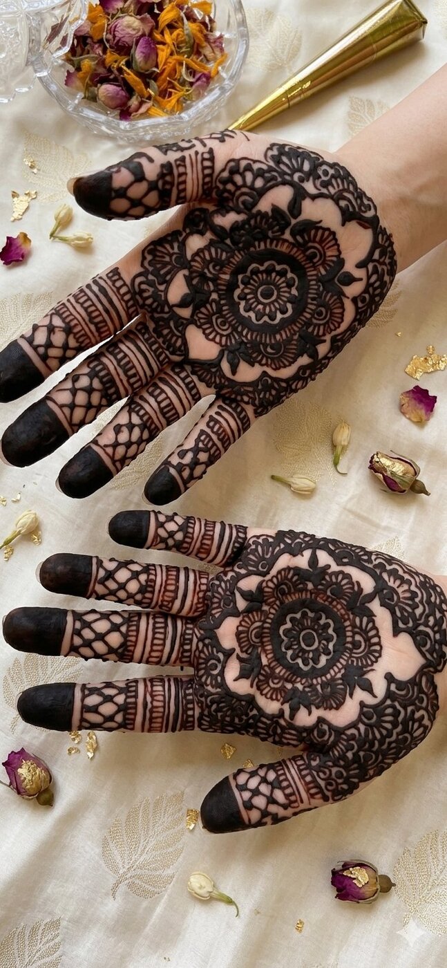 Detailed bridal mehndi mandala on hands