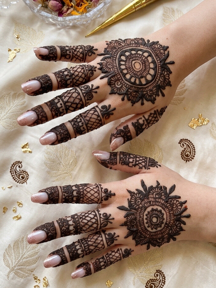 Intricate bridal mehndi on both palms surrounded by rose petals